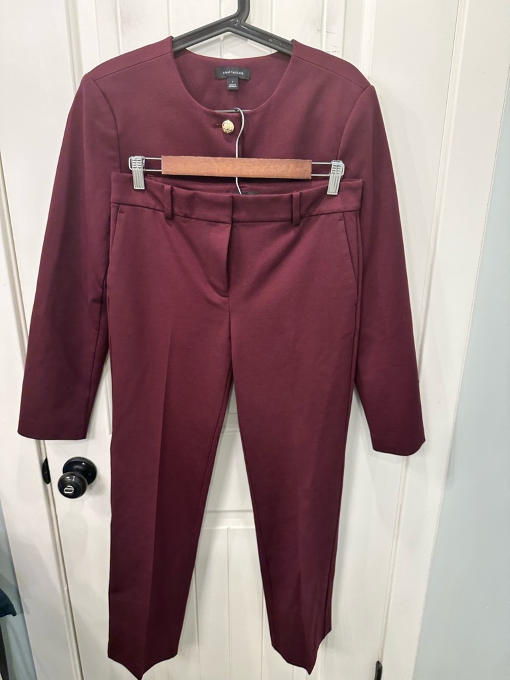 Ann Taylor Burgundy Gold Crest Button Cropped Jacket Blazer & Trousers Suit Set